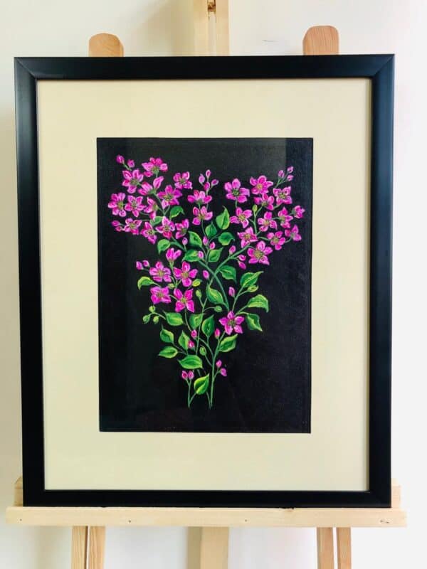 Canvas Handmade painting of Little pink flowers with border and frame